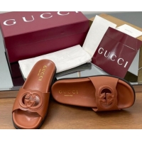 Good Looking Gucci Leather Interlocking G Flat Slides Sandal Brown 2025 816334