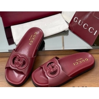 Grade Quality Gucci Leather Interlocking G Flat Slides Sandal Dark Burgundy 2025 816334