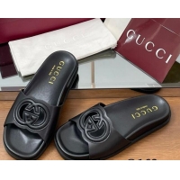 Perfect Gucci Leather Interlocking G Flat Slides Sandal Black 2025 816334