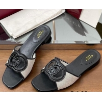 Good Quality Gucci Canvas and Leather Interlocking G Flat Slides Sandal Black 2025 835723