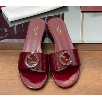 Buy New Cheap Gucci Patent Leather Round Interlocking G Flat Slides Sandal Dark Burgundy 2025 820860