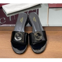Classic Hot Gucci Patent Leather Round Interlocking G Flat Slides Sandal Black 2025 820860