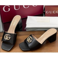 Best Grade Gucci Leather Heel Slides Sandal 5.5cm with Strass Double G Black 2025 817257