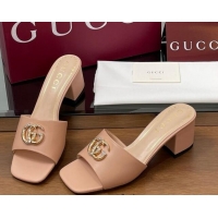 Fashion Gucci Leather Heel Slides Sandal 5.5cm with Strass Double G Light Pink 2025 817257