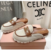 ​Spot Bulk Miu Miu Penny Leather and Canvas Platform Mules M0426 Brown 2025