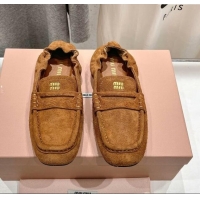 ​Buy Cheapest Miu Miu Suede Flat Loafers 5D341E Brown 2025