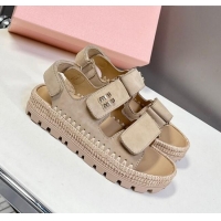 ​New Release Creation Miu Miu Suede Strap Sandals with Straw Detail M6053 Beige 2025