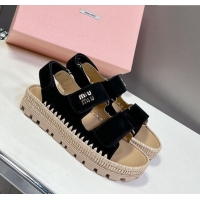 ​Classic Discount Miu Miu Suede Strap Sandals with Straw Detail M6053 Black 2025