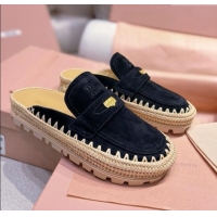 ​Best Product Miu Miu Penny Suede Platform Mules 3.5cm with Straw Detail M6055 Black 2025