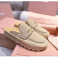 ​Sophisticated Miu Miu Penny Suede Platform Mules 3.5cm with Straw Detail M6055 Beige 2025