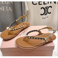 Modern Classic Miu Miu Braided Leather Flat Thong Sandals 042601 Brown/Gold 2025