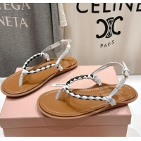 Inexpensive Miu Miu Braided Leather Flat Thong Sandals 042601 Brown/White 2025