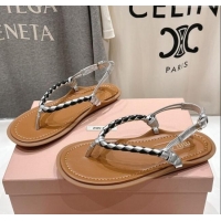 ​Hot Style Miu Miu Braided Leather Flat Thong Sandals 042601 Brown/Silver 2025