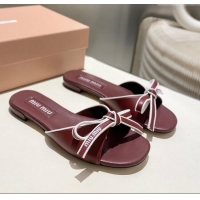 Best Grade Miu Miu Nappa Leather Flat Slides Sandal with Bow 042602 Burgundy 2025