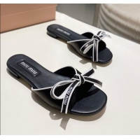 ​Good Looking Miu Miu Nappa Leather Flat Slides Sandal with Bow 042602 Black 2025