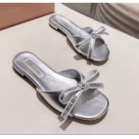 ​New Stylish Miu Miu Nappa Leather Flat Slides Sandal with Bow 042602 Silver 2025