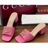 Modern Gucci Leather Heel Slides Sandal 5.5cm with Strass Double G Dark Pink 2025 817257