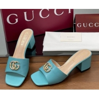 Sumptuous Gucci Leather Heel Slides Sandal 5.5cm with Strass Double G Blue 2025 817257