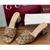 Stylish Gucci GG Canvas Heel Slides Sandal 5.5cm with Strass Double G Beige 2025 817257