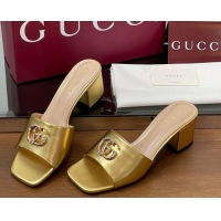 Perfect Gucci Leather Heel Slides Sandal 5.5cm with Strass Double G Yellow Gold 2025 817257