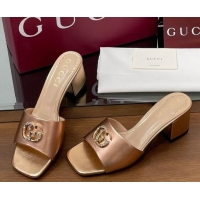 Comfortable Gucci Leather Heel Slides Sandal 5.5cm with Strass Double G Rose Gold 2025 817257