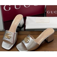Expensive Gucci Leather Heel Slides Sandal 5.5cm with Strass Double G Silver 2025 817257