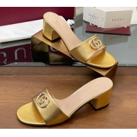 Fashion Gucci Leather Heel Slides Sandal 5cm with Strass Double G Yellow Gold 2025 GG042301