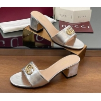 Popular Style Gucci Leather Heel Slides Sandal 5cm with Strass Double G Silver 2025 GG042301
