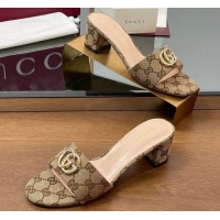 Top Design Gucci GG Canvas Heel Slides Sandal 5cm with Strass Double G Beige 2025 GG042301