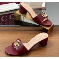 Buy Luxury Gucci Leather Heel Slides Sandal 5cm with Strass Double G Dark Burgundy 2025 GG042301