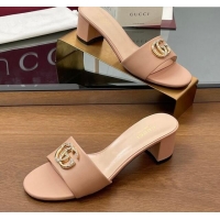 Cheap Price Gucci Leather Heel Slides Sandal 5cm with Strass Double G Light Pink 2025 GG042301