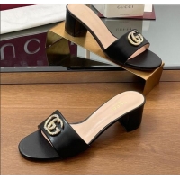 Stylish Gucci Leather Heel Slides Sandal 5cm with Strass Double G Black 2025 GG042301