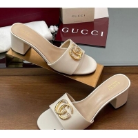 Shop Duplicate Gucci Leather Heel Slides Sandal 5cm with Strass Double G White 2025 GG042301