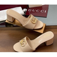 Big Discount Gucci Leather Heel Slides Sandal 5cm with Strass Double G Beige 2025 GG042301