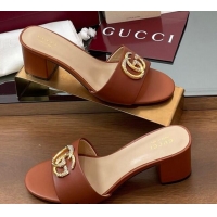 Charming Gucci Leather Heel Slides Sandal 5cm with Strass Double G Brown 2025 GG042301