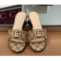 Good Quality Gucci GG Canvas Flat Slides Sandal with Strass Double G Beige 2025 GG042301