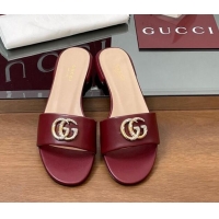 Most Popular Gucci Leather Flat Slides Sandal with Strass Double G Burgundy 2025 GG042301