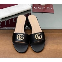 Pretty Style Gucci Leather Flat Slides Sandal with Strass Double G Black 2025 GG042301
