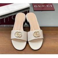 Top Grade Gucci Leather Flat Slides Sandal with Strass Double G White 2025 GG042301