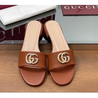 Durable Gucci Leather Flat Slides Sandal with Strass Double G Brown 2025 GG042301