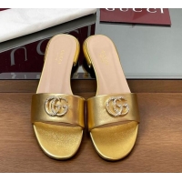 Good Looking Gucci Leather Flat Slides Sandal with Strass Double G Gold 2025 GG042301
