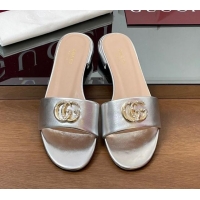 Good Quality Gucci Leather Flat Slides Sandal with Strass Double G Silver 2025 GG042301