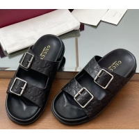 Low Cost Gucci GG Leather Flat Slides Sandal with Buckle Black 2025 GG042302
