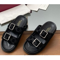 Good Product Gucci GG Suede Flat Slides Sandal with Buckle Black 2025 GG042302