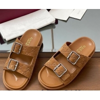 est Grade Gucci GG Suede Flat Slides Sandal with Buckle Brown 2025 GG042302 