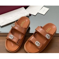Duplicate Gucci Leather Flat Slides Sandal with Strass Double G Brown 2025 816633