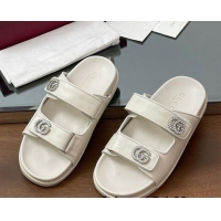 Sophisticated Gucci Leather Flat Slides Sandal with Strass Double G White 2025 816633