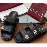 Hot Style Gucci Leather Flat Slides Sandal with Strass Double G Black 2025 816633
