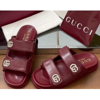 Duplicate Gucci Leather Flat Slides Sandal with Strass Double G Burgundy 2025 816633