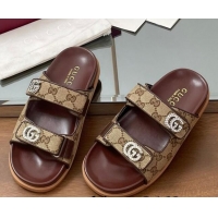 Fashion Gucci GG Canvas Flat Slides Sandal with Strass Double G Beige 2025 816633